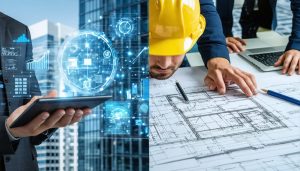 A split-screen image highlighting modern digital procurement methods alongside traditional paper-based processes, illustrating the transformation of construction project management.
