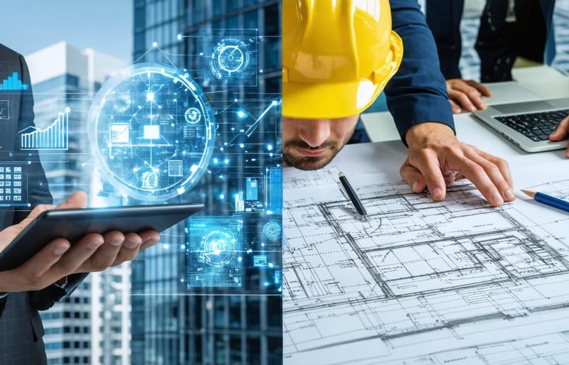 A split-screen image highlighting modern digital procurement methods alongside traditional paper-based processes, illustrating the transformation of construction project management.