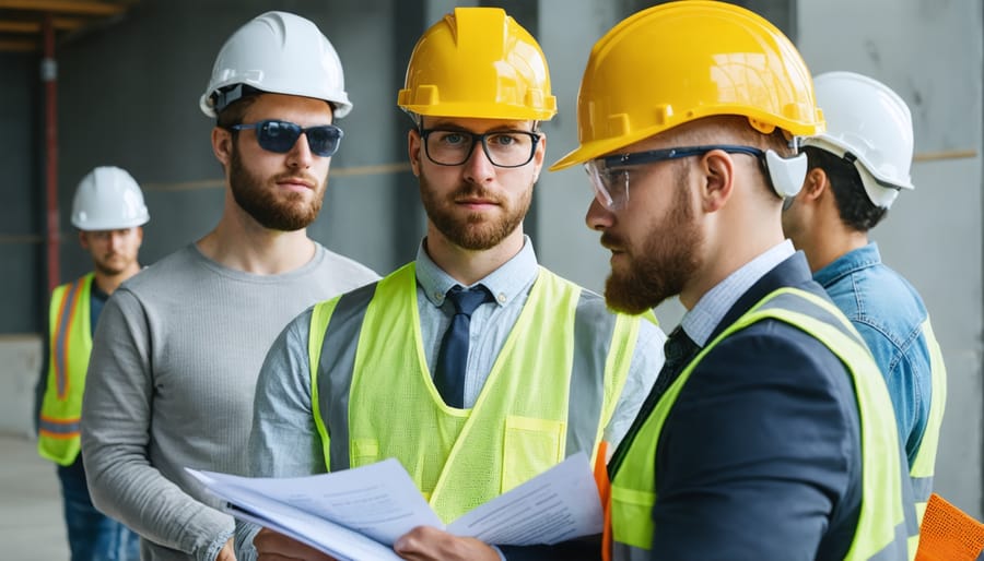 Group of construction workers participating in safety training workshop with instructor