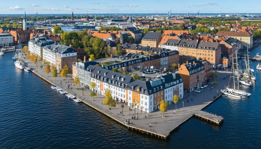 Bird's eye view of Copenhagen's sustainable urban development with smart city elements