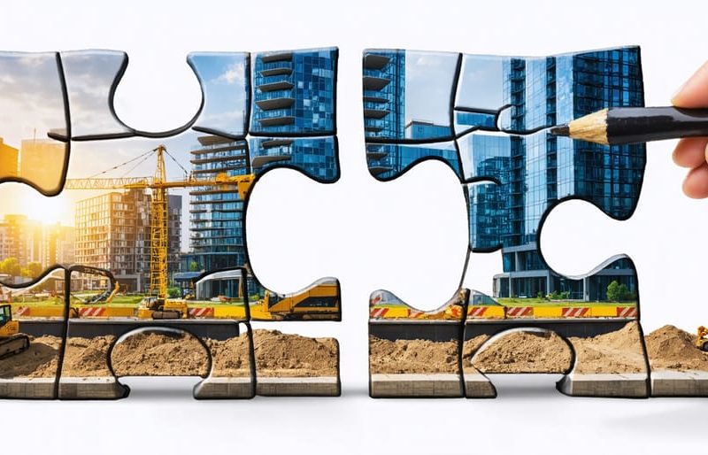 Dynamic illustration of a construction project integrating diverse financing sources, symbolizing creative funding strategies transforming the real estate industry.