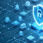 A futuristic network of digital icons representing property management assets like buildings, servers, and security systems, interconnected and encased in a protective shield symbolizing cybersecurity.