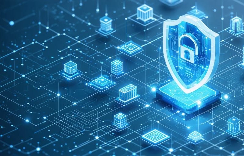 A futuristic network of digital icons representing property management assets like buildings, servers, and security systems, interconnected and encased in a protective shield symbolizing cybersecurity.