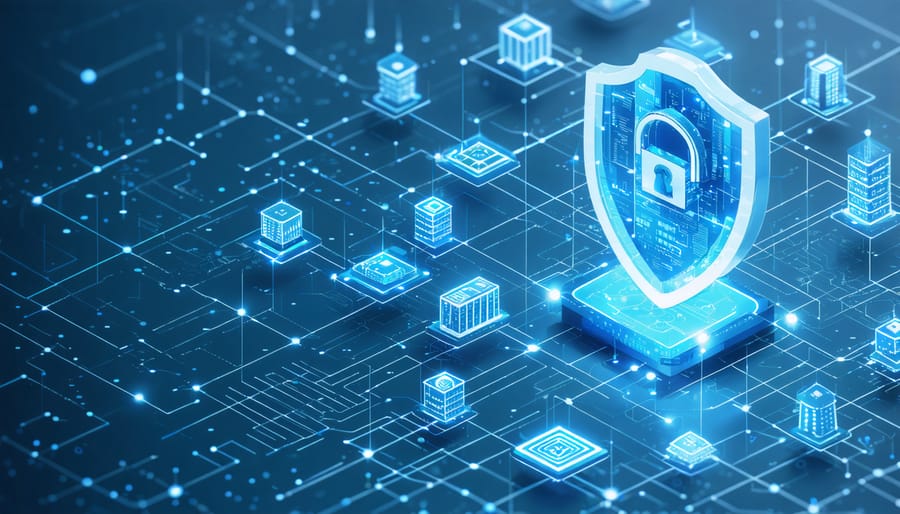 A futuristic network of digital icons representing property management assets like buildings, servers, and security systems, interconnected and encased in a protective shield symbolizing cybersecurity.