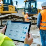 Construction manager using a tablet to review digital compliance documents at an active construction site with visible workers, scaffolding, and equipment showcasing modern technology integration.