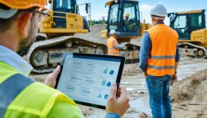 Construction manager using a tablet to review digital compliance documents at an active construction site with visible workers, scaffolding, and equipment showcasing modern technology integration.