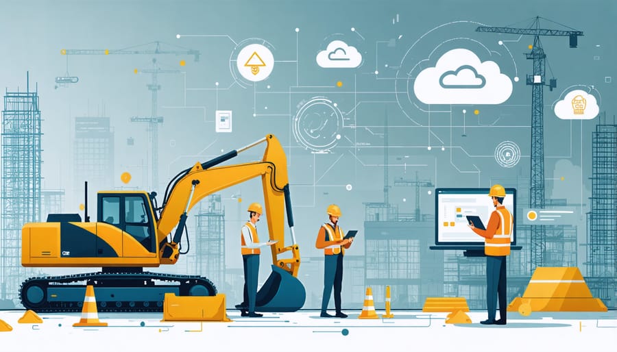Modern construction site with IoT-enabled equipment and digital operations