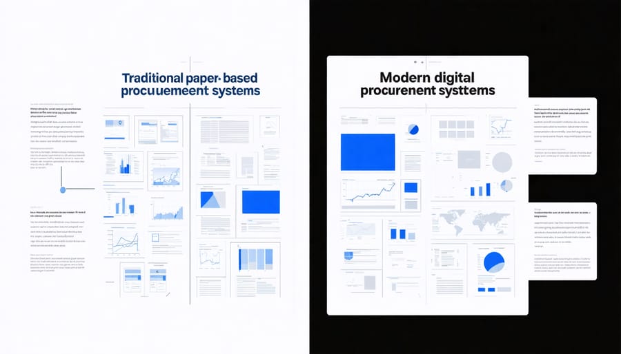 Comparison between traditional procurement paperwork and digital procurement software interface