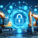Conceptual image depicting a modern construction site with workers, connected equipment, and digital security elements like padlocks and data networks.