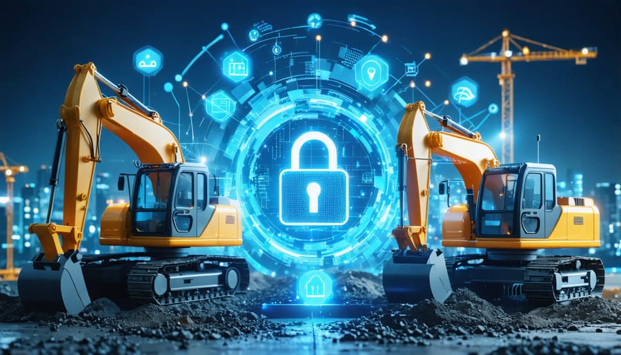 Conceptual image depicting a modern construction site with workers, connected equipment, and digital security elements like padlocks and data networks.