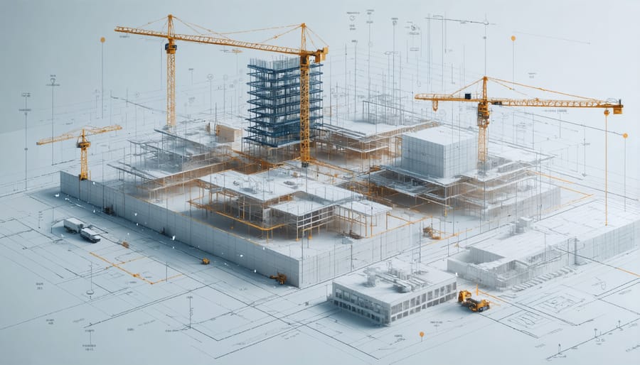 Digital twin interface displaying building project with interactive data points and monitoring metrics