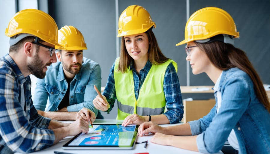 Young female construction manager leading diverse team discussion with digital displays