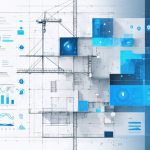 An abstract illustration showcasing a digital interface of a user satisfaction survey in the construction industry, featuring calming blue and gray tones, construction icons, and elements symbolizing data transformation into actionable insights.