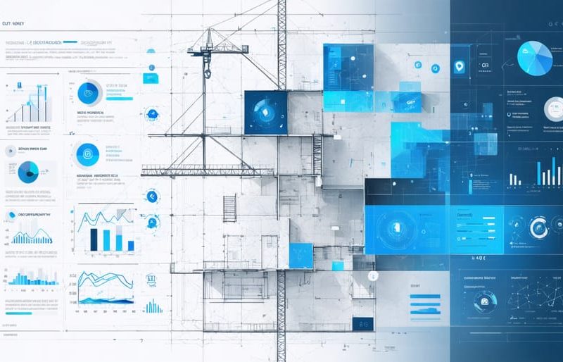 An abstract illustration showcasing a digital interface of a user satisfaction survey in the construction industry, featuring calming blue and gray tones, construction icons, and elements symbolizing data transformation into actionable insights.