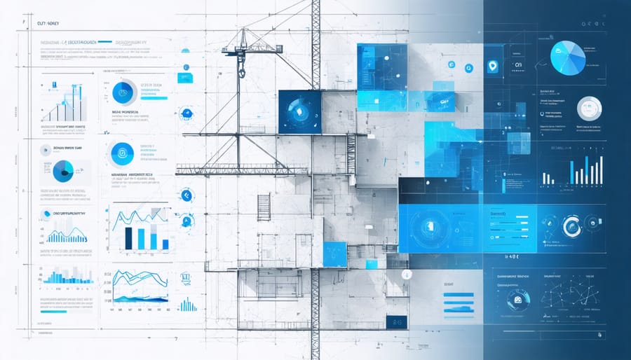 An abstract illustration showcasing a digital interface of a user satisfaction survey in the construction industry, featuring calming blue and gray tones, construction icons, and elements symbolizing data transformation into actionable insights.