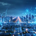 A cityscape illustrating the transition from traditional power grids to smart grid technology, featuring digital connections, renewable energy sources, and a dynamic energy flow.