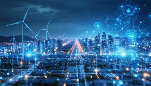 A cityscape illustrating the transition from traditional power grids to smart grid technology, featuring digital connections, renewable energy sources, and a dynamic energy flow.