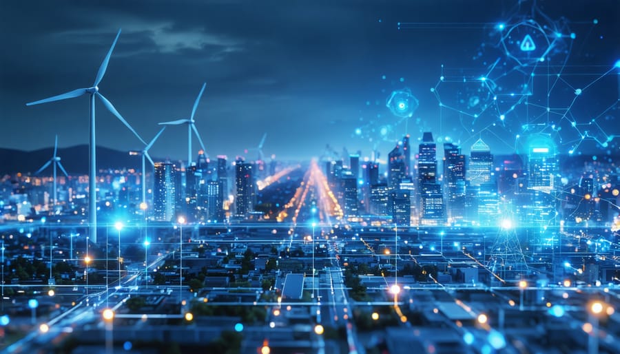 A cityscape illustrating the transition from traditional power grids to smart grid technology, featuring digital connections, renewable energy sources, and a dynamic energy flow.