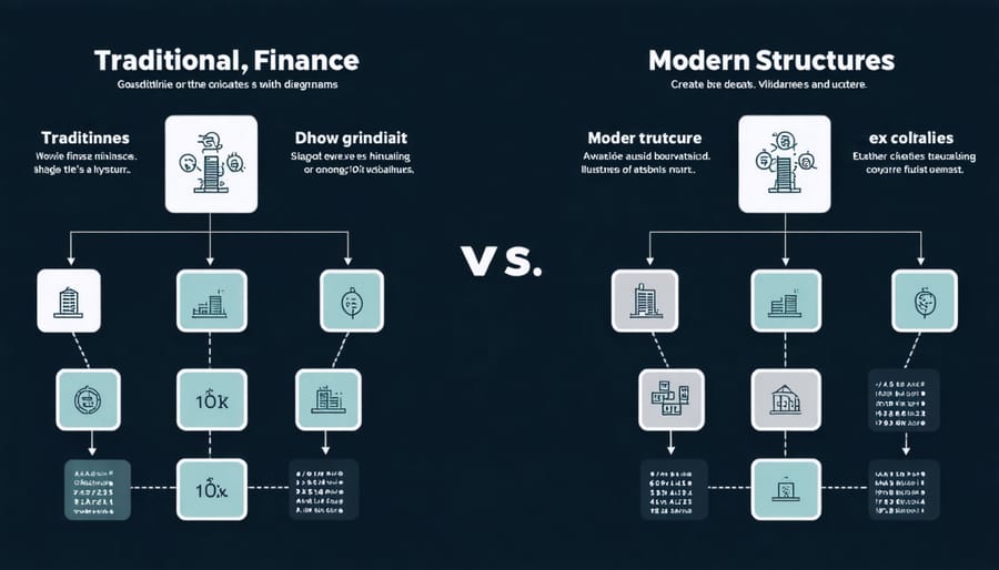 Side-by-side comparison of traditional vs modern project finance structures with flow charts and key differences highlighted