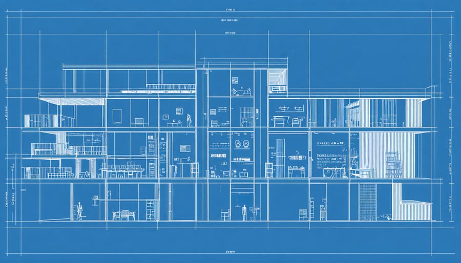 Architectural drawing showing key fire safety design elements and compliance requirements