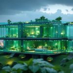 Conceptual depiction of a futuristic glass modular home, featuring transparent walls integrated with a green cityscape, illustrating a sustainable and advanced living environment.