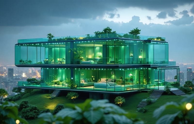 Conceptual depiction of a futuristic glass modular home, featuring transparent walls integrated with a green cityscape, illustrating a sustainable and advanced living environment.