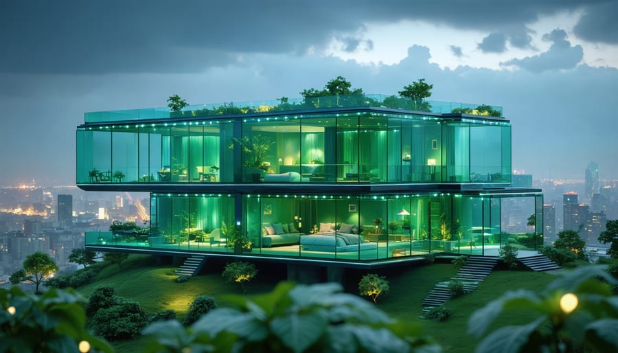 Conceptual depiction of a futuristic glass modular home, featuring transparent walls integrated with a green cityscape, illustrating a sustainable and advanced living environment.