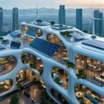 Futuristic skyline showcasing modern buildings equipped with solar panels, wind turbines, and smart energy management systems, symbolizing sustainable urban development.