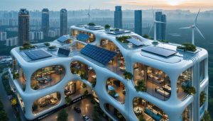 Futuristic skyline showcasing modern buildings equipped with solar panels, wind turbines, and smart energy management systems, symbolizing sustainable urban development.