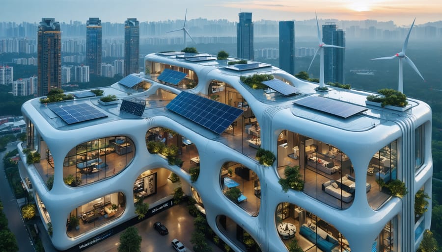 Futuristic skyline showcasing modern buildings equipped with solar panels, wind turbines, and smart energy management systems, symbolizing sustainable urban development.