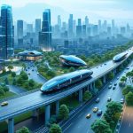 Futuristic smart city showcasing autonomous vehicles, integrated renewable energy systems, and vibrant green spaces, representing advanced urban infrastructure in 2030.