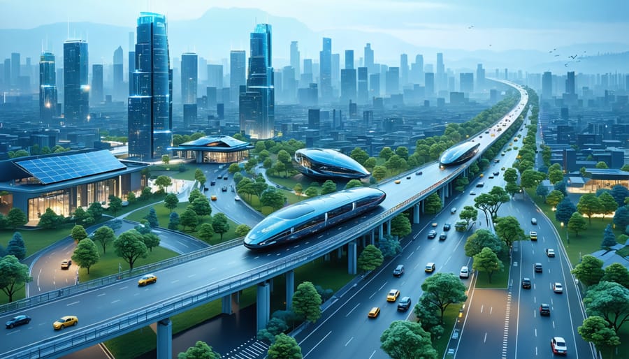 Futuristic smart city showcasing autonomous vehicles, integrated renewable energy systems, and vibrant green spaces, representing advanced urban infrastructure in 2030.