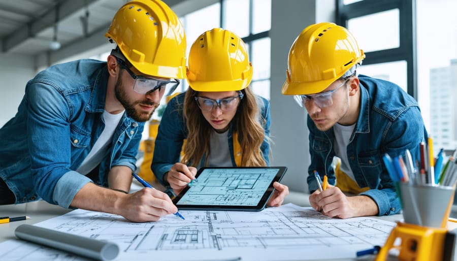 Young diverse construction team reviewing digital plans on a construction site