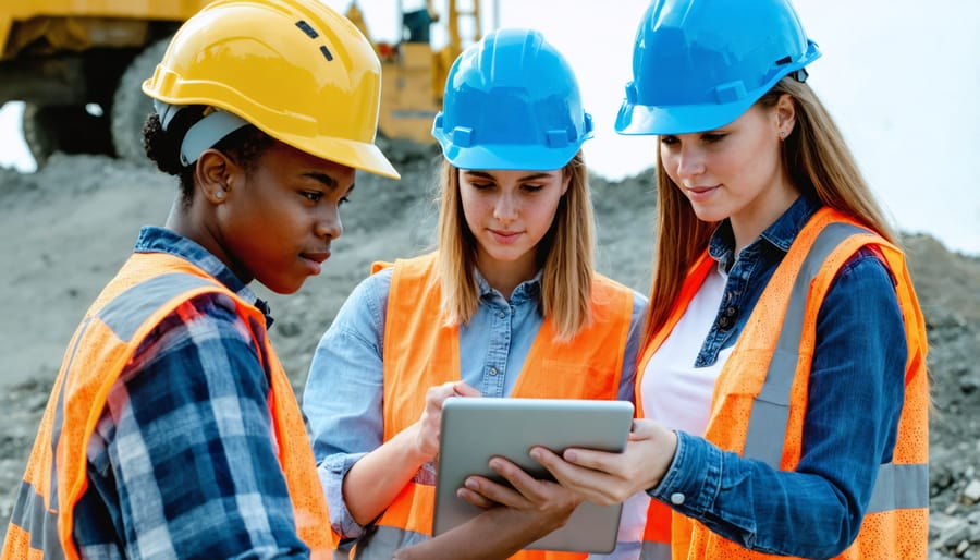 A group of young, diverse construction professionals, including men and women, engaged in a discussion on a construction site. They are collaboratively reviewing digital blueprints on a tablet, representing the integration of technology and diversity in the industry.