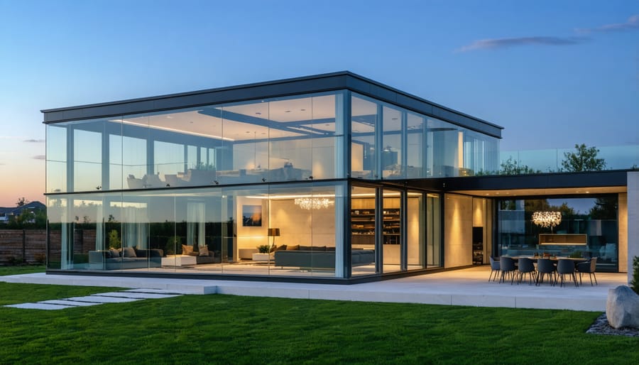 Contemporary glass modular home with panoramic glass walls and steel framework
