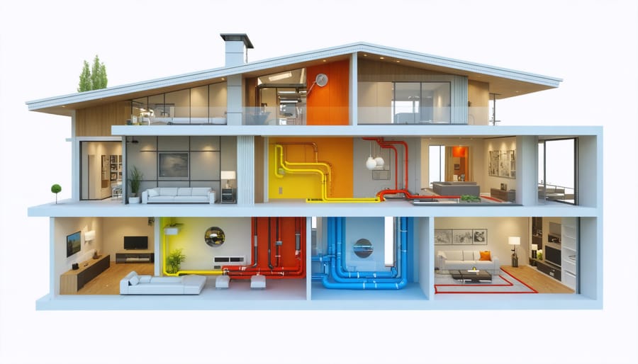 Cross-section view of residential heat recovery ventilation system with airflow indicators