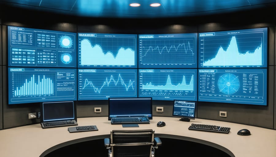 Modern hydroelectric facility control room with multiple monitoring screens