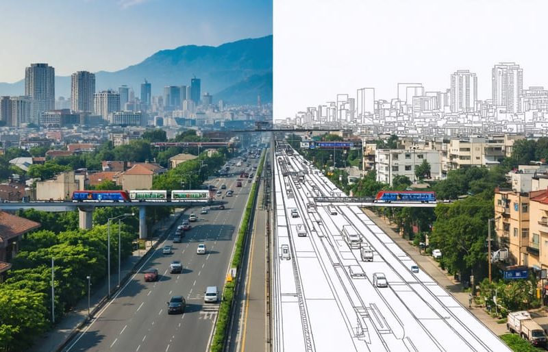 Conceptual representation of transit access disparities between affluent and low-income neighborhoods, illustrating inequitable transportation in smart cities.