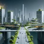 A futuristic city skyline illustrating self-healing concrete technology with microencapsulated healing agents and bacterial spores, enhancing urban infrastructure durability and sustainability.