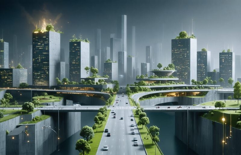 A futuristic city skyline illustrating self-healing concrete technology with microencapsulated healing agents and bacterial spores, enhancing urban infrastructure durability and sustainability.