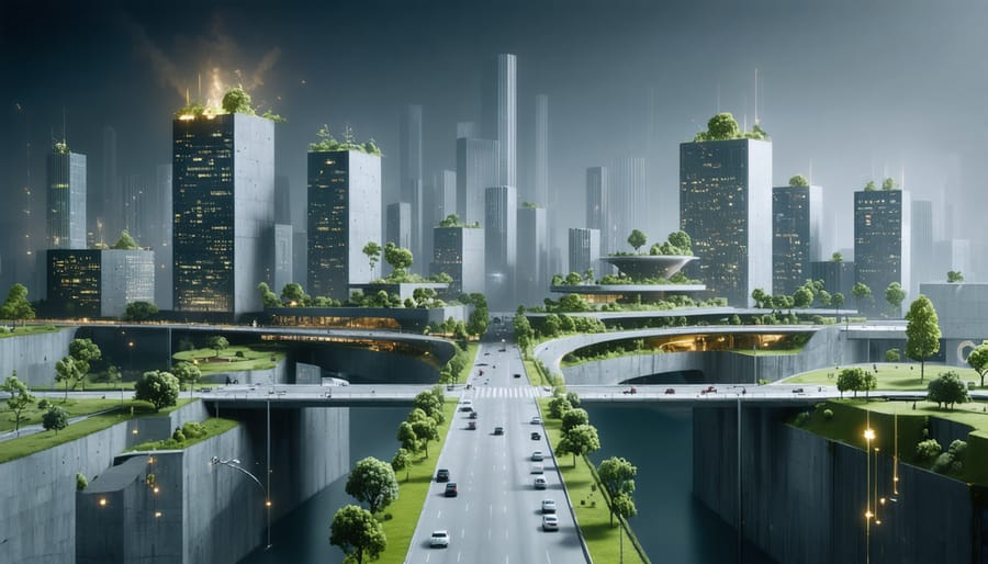 A futuristic city skyline illustrating self-healing concrete technology with microencapsulated healing agents and bacterial spores, enhancing urban infrastructure durability and sustainability.