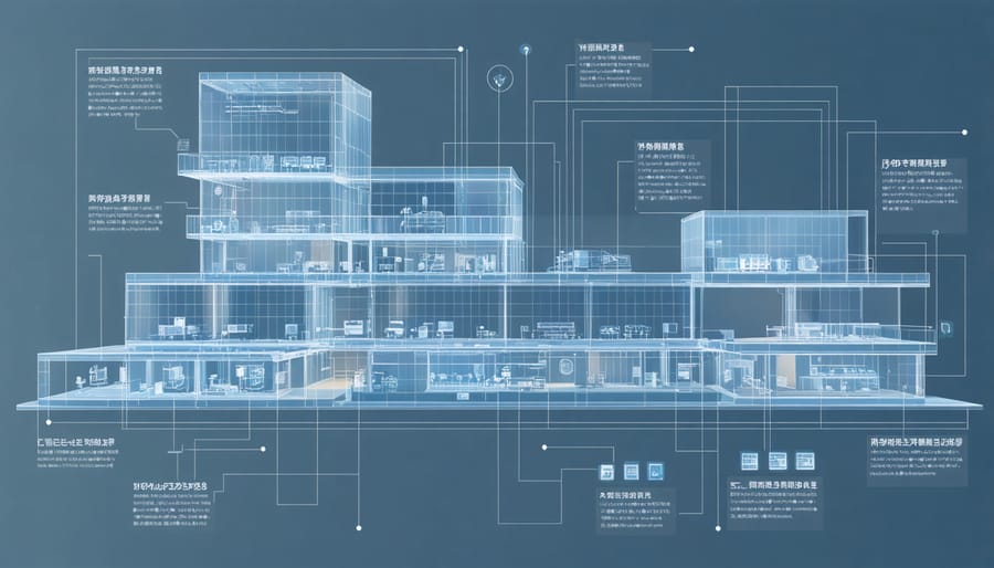 3D diagram showing interconnected building automation systems and renewable energy components