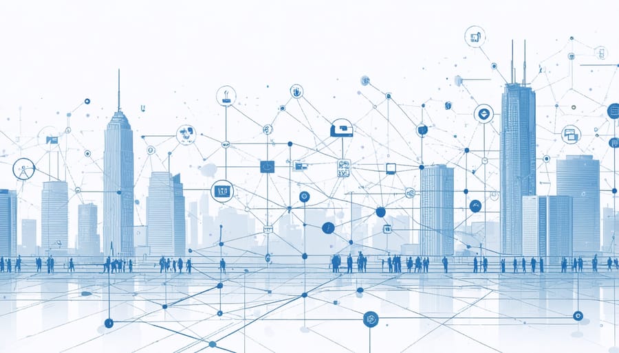 Digital illustration showing interconnected IoT devices and data flow in a city environment