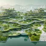 An artistic representation of modern landscape architecture showcasing the blend of urban structures with lush greenery, illustrative of sustainable and innovative design principles.