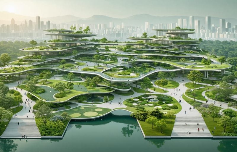 An artistic representation of modern landscape architecture showcasing the blend of urban structures with lush greenery, illustrative of sustainable and innovative design principles.