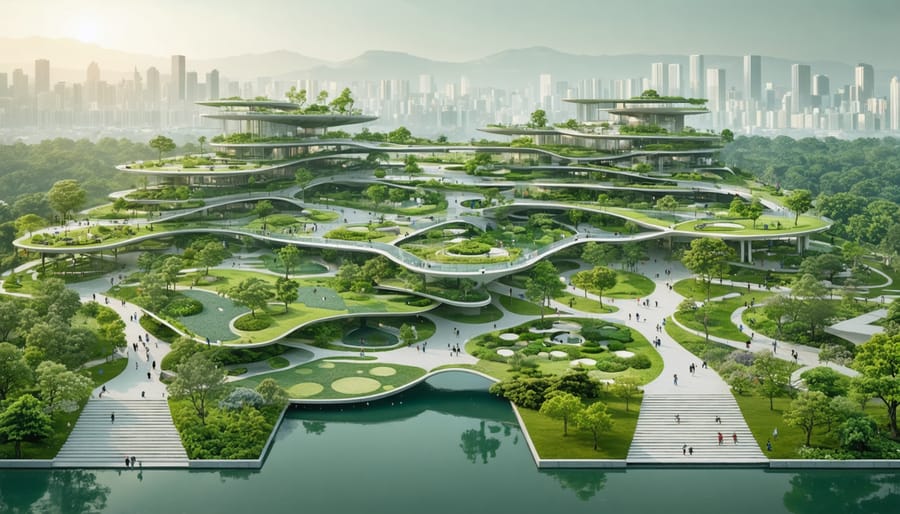 An artistic representation of modern landscape architecture showcasing the blend of urban structures with lush greenery, illustrative of sustainable and innovative design principles.