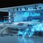 Artistic illustration of a futuristic music venue under construction, showcasing modular structural components, advanced acoustic panels, and rooftop solar panels. Digital schematics and sound wave patterns overlay the scene, emphasizing engineering and sustainability.