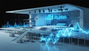 Artistic illustration of a futuristic music venue under construction, showcasing modular structural components, advanced acoustic panels, and rooftop solar panels. Digital schematics and sound wave patterns overlay the scene, emphasizing engineering and sustainability.