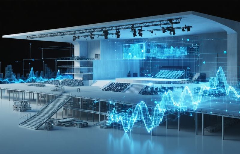 Artistic illustration of a futuristic music venue under construction, showcasing modular structural components, advanced acoustic panels, and rooftop solar panels. Digital schematics and sound wave patterns overlay the scene, emphasizing engineering and sustainability.
