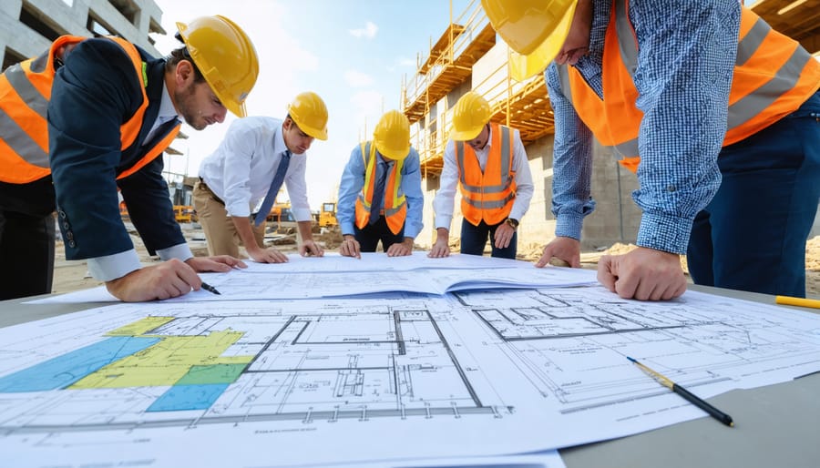 Construction professionals conducting a review of building plans and licenses at a Virginia construction site, with hard hats, certification documents, and tools symbolizing regulatory compliance and project management.
